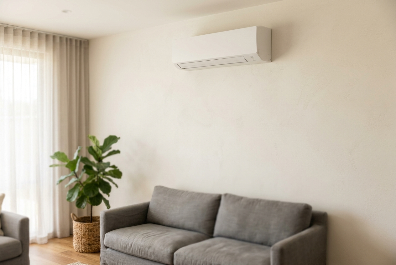A wall-mounted reverse-cycle split system keeping a modern living room comfortable